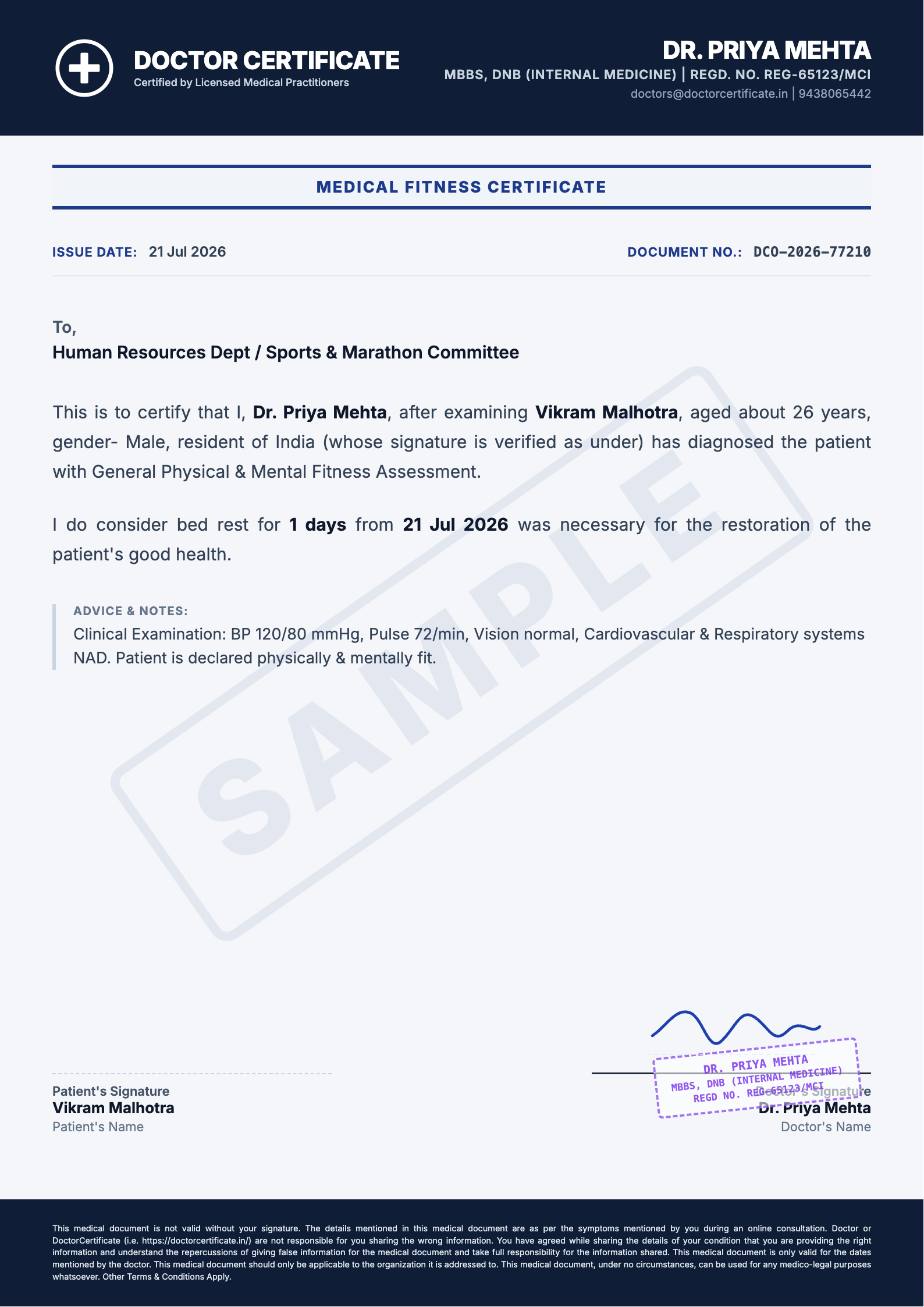 fitness certificate sample